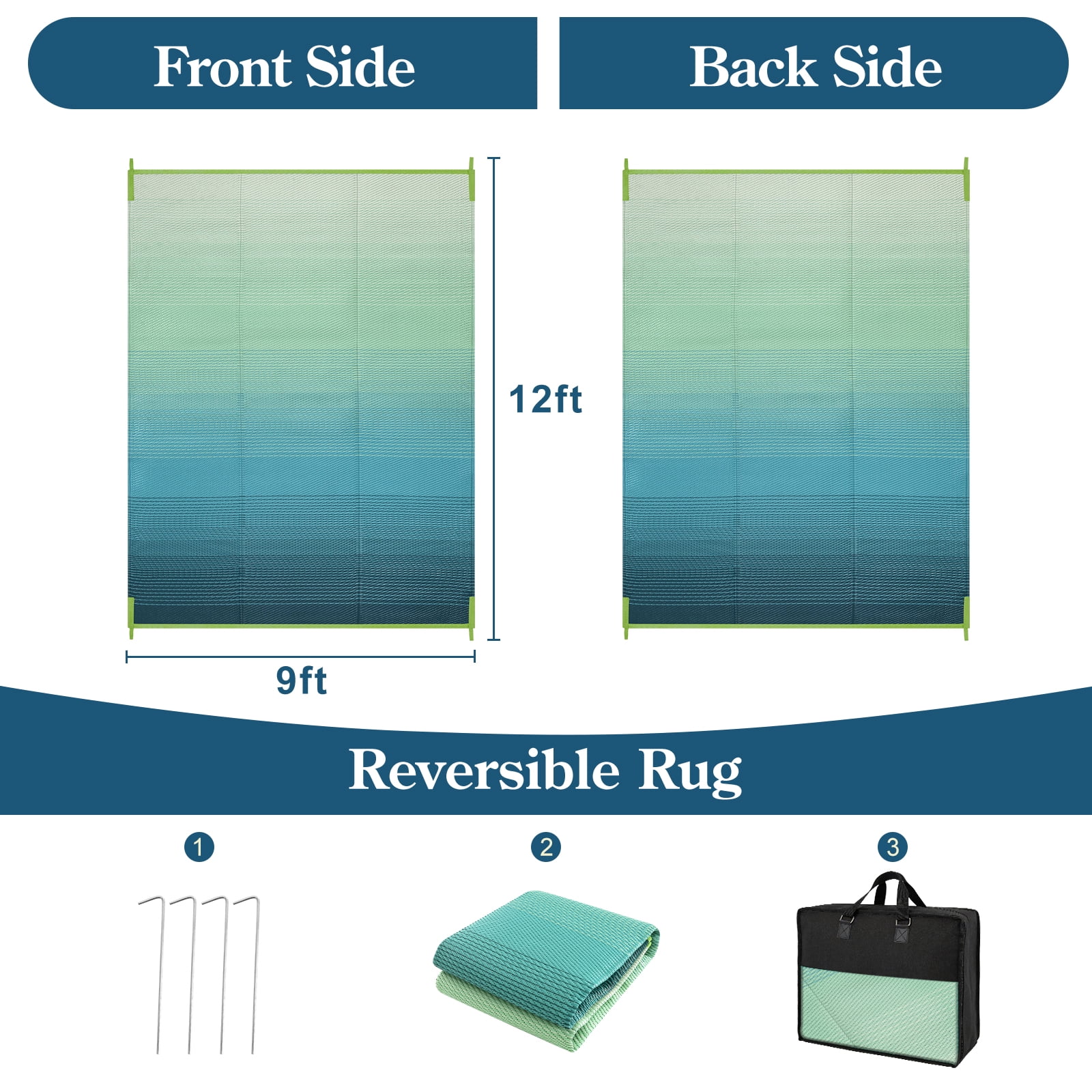 SUNDEREY Outdoor Rug 9'x12', Waterproof Reversible Plastic Straw Mat for Patio, RV & Camping - Lightweight Carpet for Deck, Balcony & Backyard, Teal