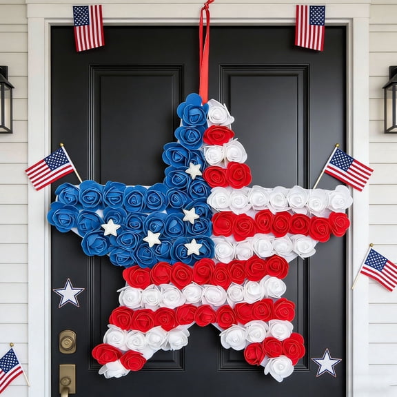LiUMX Independence Day Patriotic Wreath, 14 Inch Red White Blue Star Wreath for Front Door, Plastic, Farmhouse Style, for 4th of July, Memorial Day, Outdoor Holiday Decor
