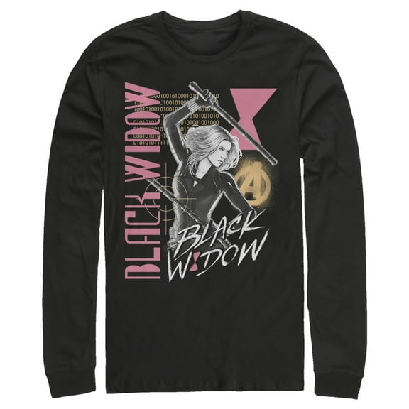 Men's Marvel Black Widow Binary Code  Long Sleeve Shirt Black Medium