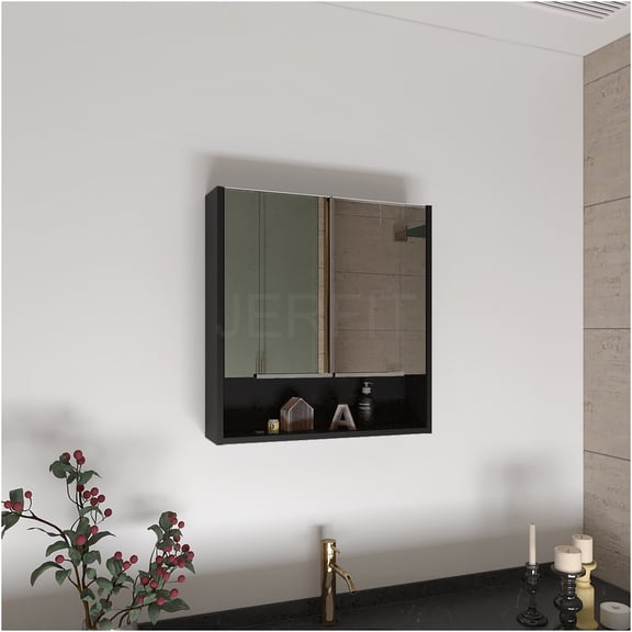 JERFIT 24x24 Inch Black Medicine Cabinet with Mirror, 2-Door Wall Mount Bathroom Storage Cabinet with 4 Shelves, Space-Saving Design
