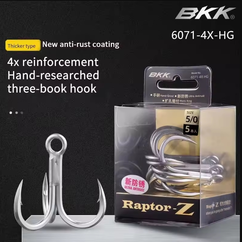 5Packs BKK Raptor-Z 6071-4X-HG Treble Fishing Hooks 4# 2# 1# 1/0# 2/0# 3/0# 4/0# 5/0# Sea Fishing Big games Anti-Rust Coating