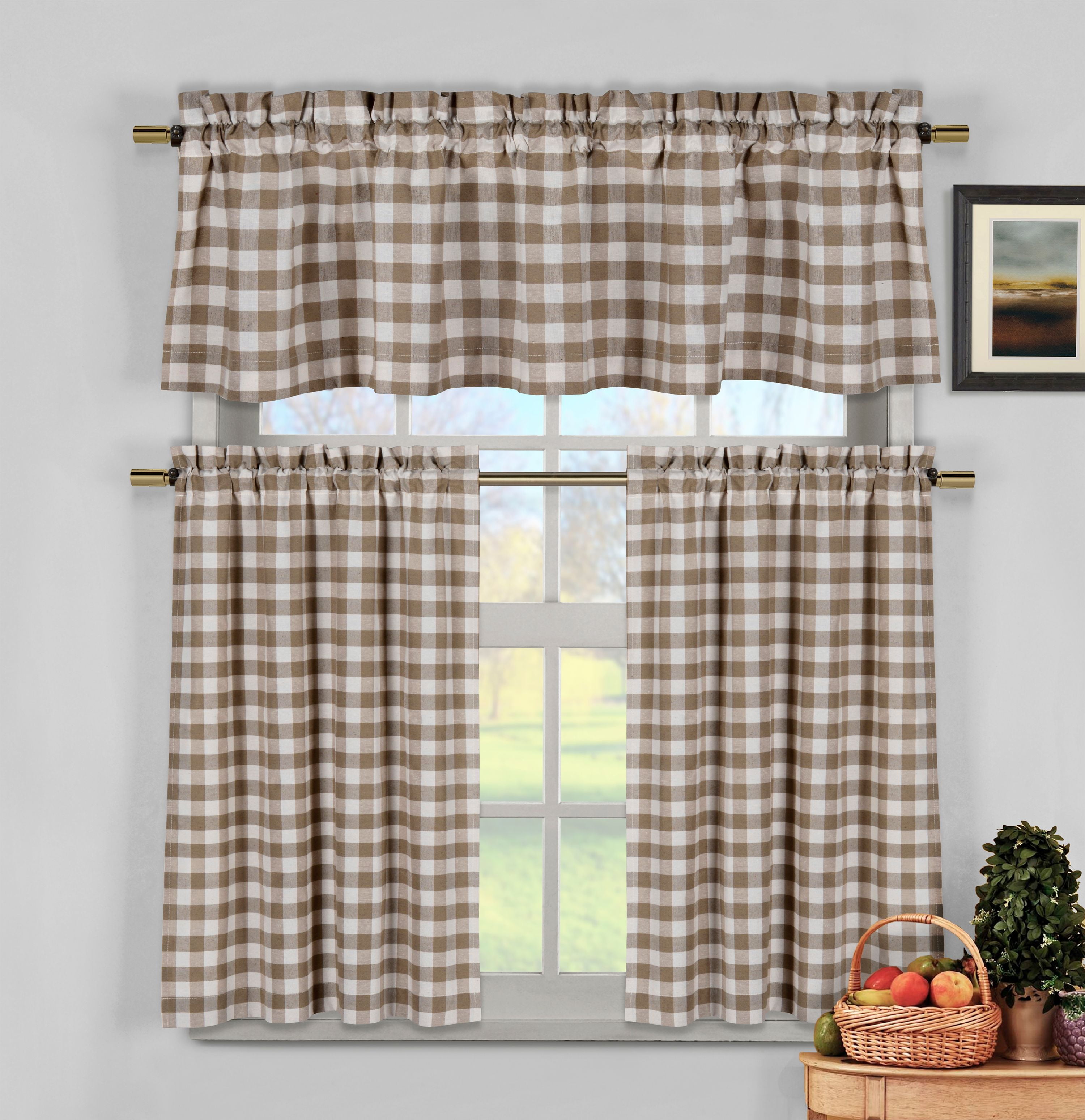 Chocolate Brown 3 Piece Gingham Check Kitchen Window Curtain Set Plaid