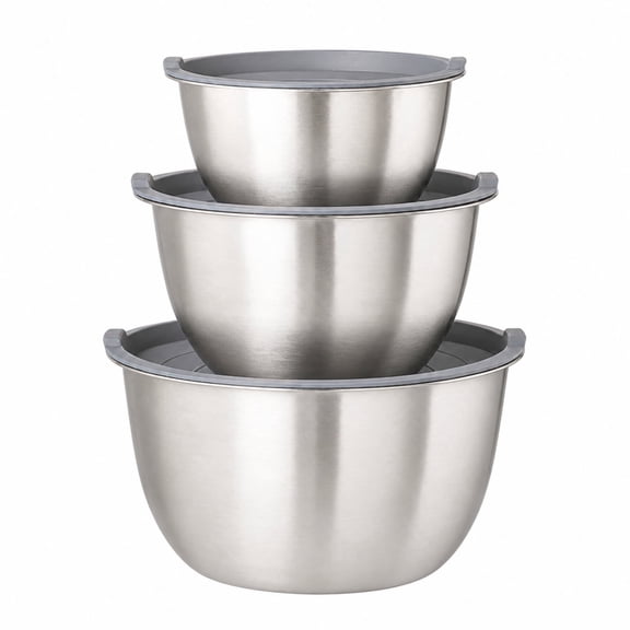 Wazir Chand Stainless Steel Mixing Bowl Set of 3 with Silicone Lids, Nesting Food Prep & Storage Bowls, Brushed Exterior and Polished Interior Finish