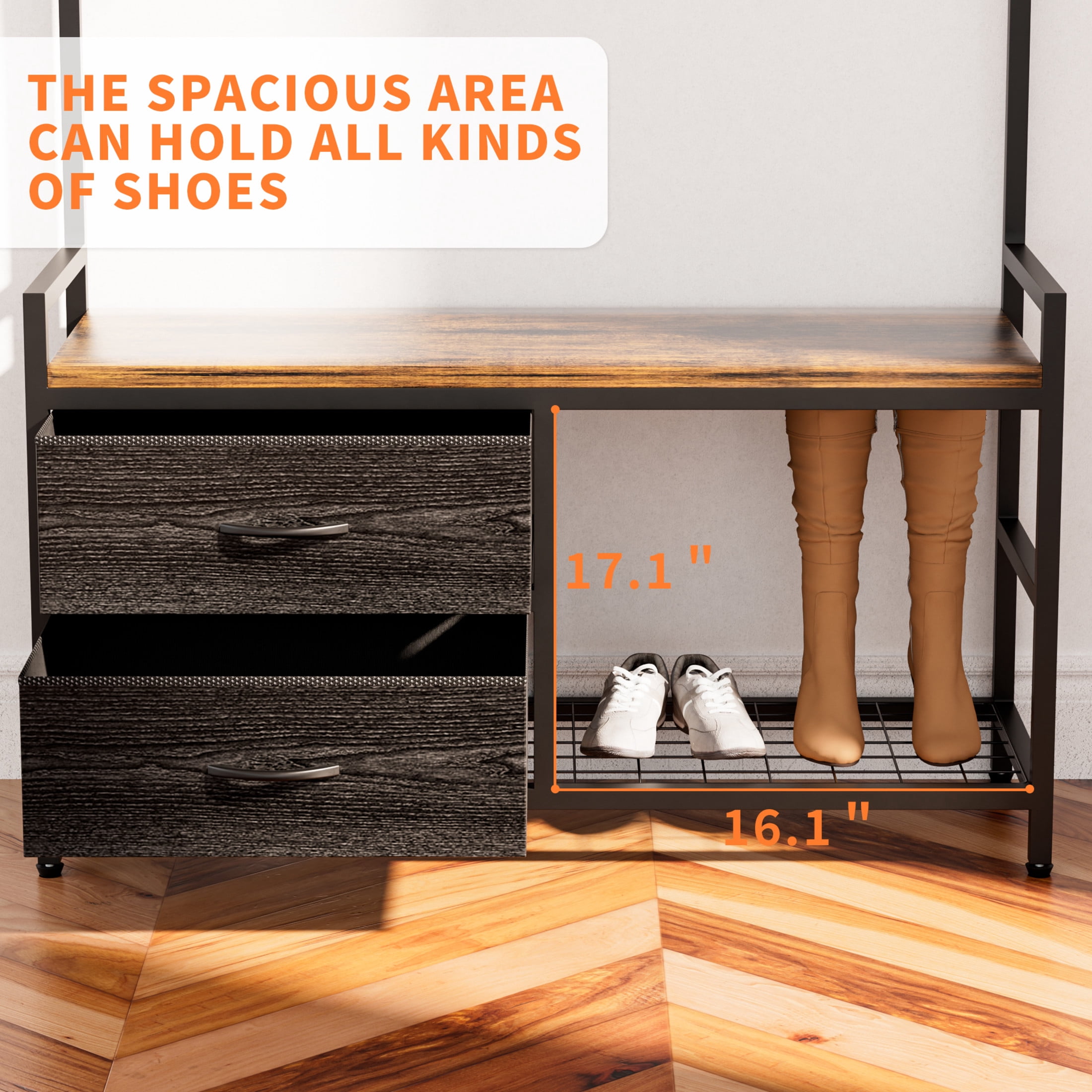 Noble House 5-in-1 Entryway Hall Tree with 23 Hooks, Industrial Bench with Shoe Storage and Garment Racks, Rustic Brown