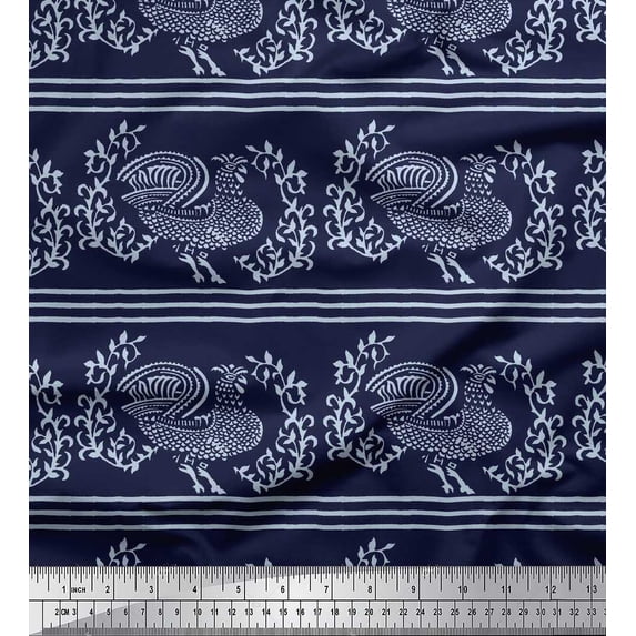 Soimoi Poly Georgette Fabric Stripe,Leaves & Hen Block Print Fabric by The Yard 42 Inch Wide