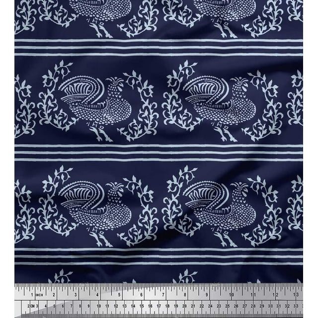 Soimoi Rayon Fabric Stripe,Leaves & Hen Block Print Sewing Fabric Yard 42 Inch Wide