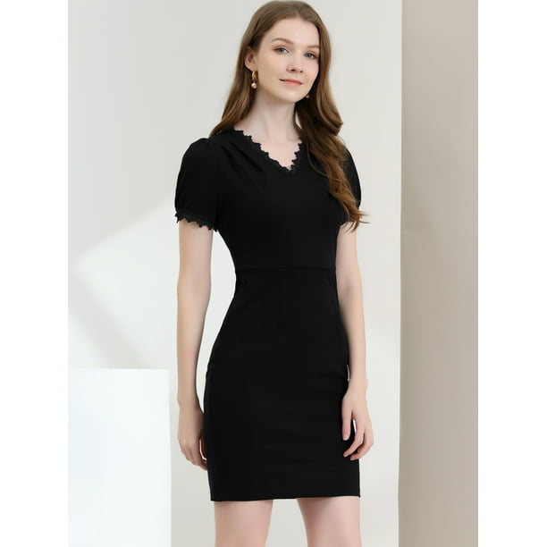 Elegant V Neck Lace Trim Short Sleeve Stretch Bodycon Mini Dress Black L