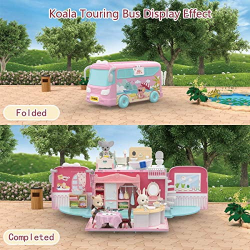 Mitcien Dollhouse Playset, DIY Pretend Portable Caravan Camper Bus Toy Kit with Little Critters Bunny Dolls Mini Cottage House Set Camping Family Toys for Toddler 3 4 5 6 Year Old Girl