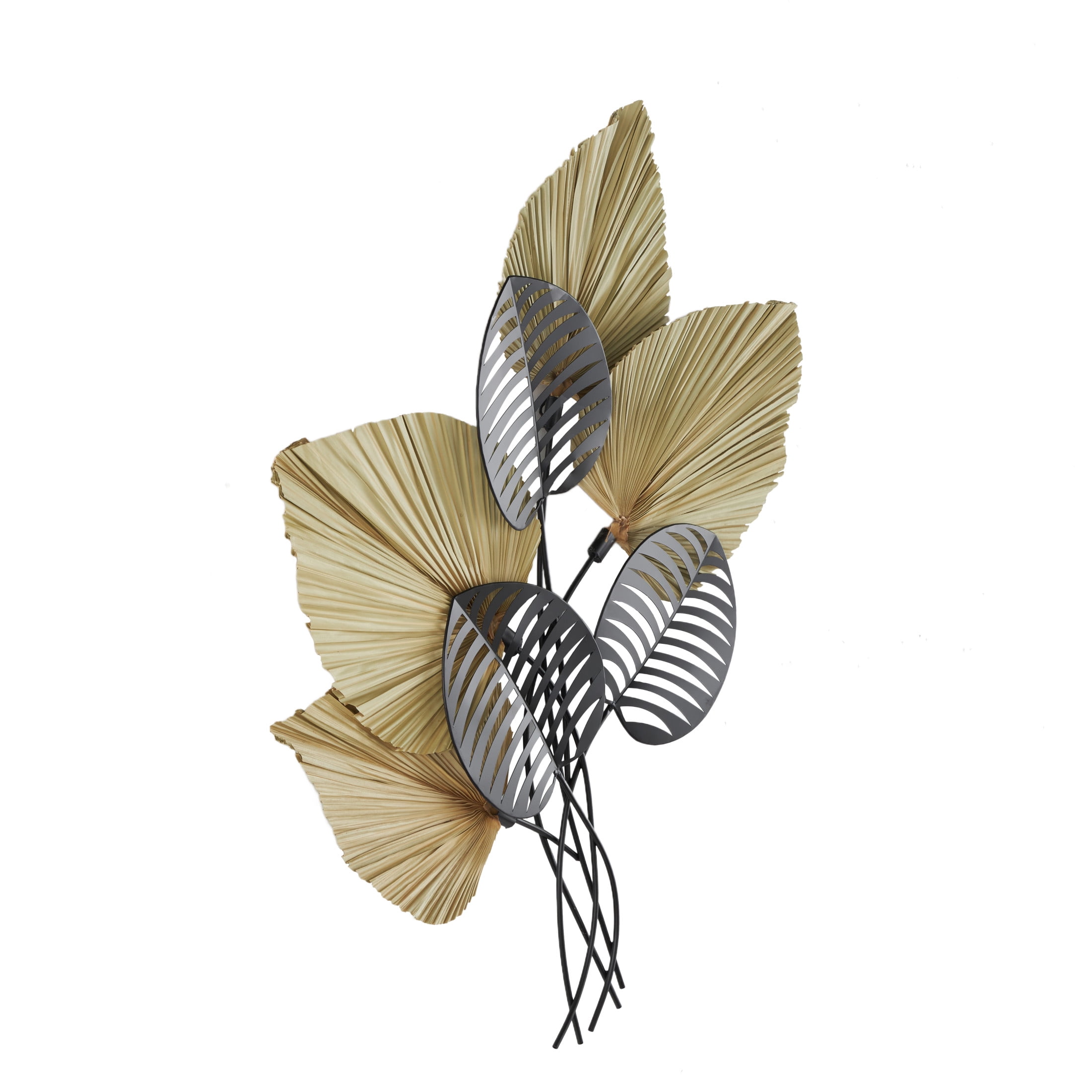 DecMode Brown Rattan Layered Leaf Palm Tree Wall Decor with Black Metal Cutout Leaf Accents