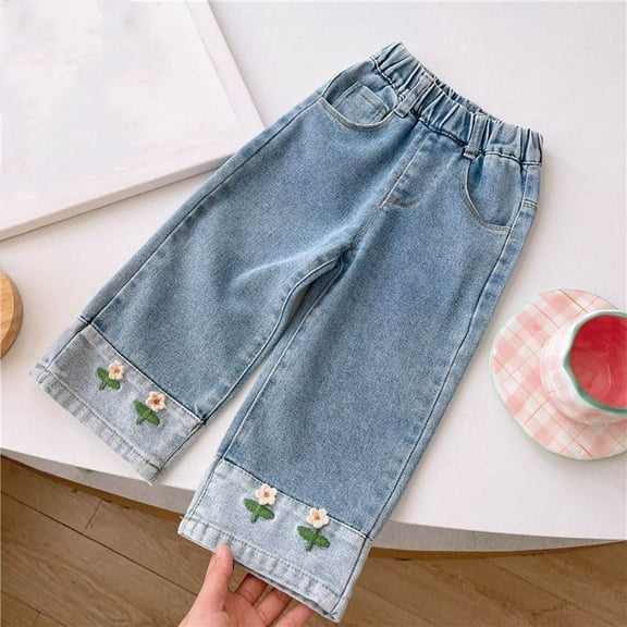 HAOTAGS Kids Mid Rise JeansKids Comfy Wide Leg Cargo Trousers Bootcut Pocket Girl Hop Streetwear Blue 3 Years
