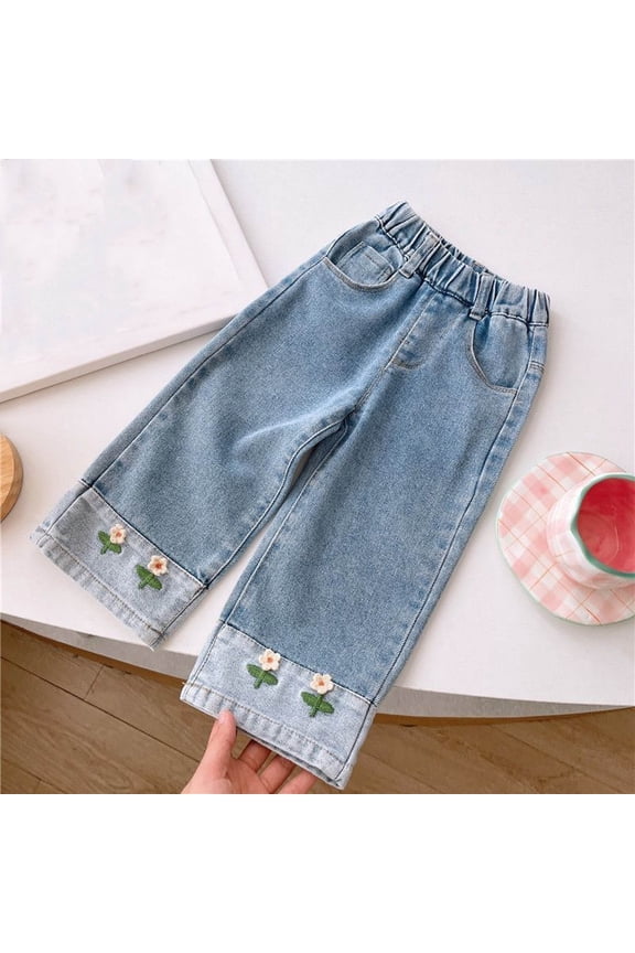 Kids Mid Rise JeansKids Comfy Wide Leg Cargo Demin Pants Bootcut Pocket Blue 3 Years