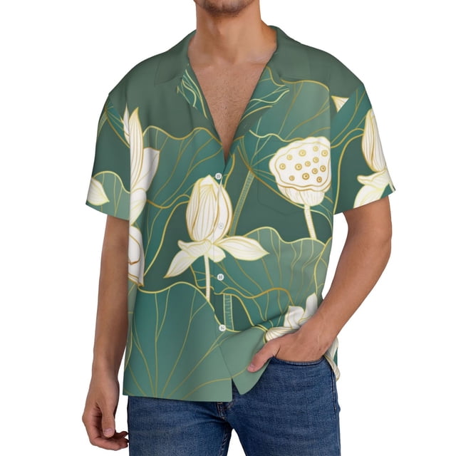 Balery Lotus Golden Line Camisa Casual de Manga Corta con Botones para Hombre, Texturizada, Estilo Cubano, para Playa, Verano-XX-Large
