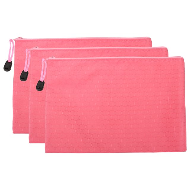 Unique Bargains Waterproof Zipper File Bags, A5 Document Holders for Office, Pink 3 Pack