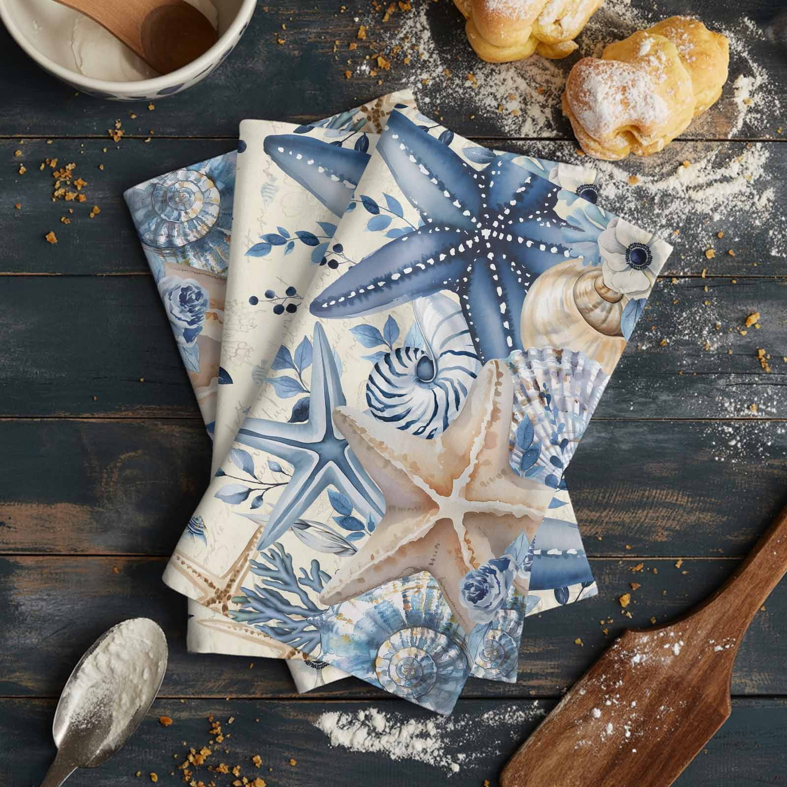 Blue Starfish Coastal 1 Pack Kitchen Towel, Water Absorbent Dish Towel, Eucalyptus Summer Nautical Shell Retro Decorative Hand Towels - Quick Drying Cloth for Cooking Baking, 18x28 Inch