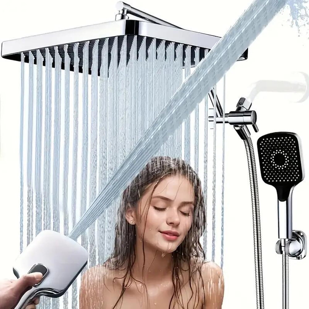 13-Inch Chrome Rainfall Shower Head with 4-Mode Handheld Spray & Adjustable Arm