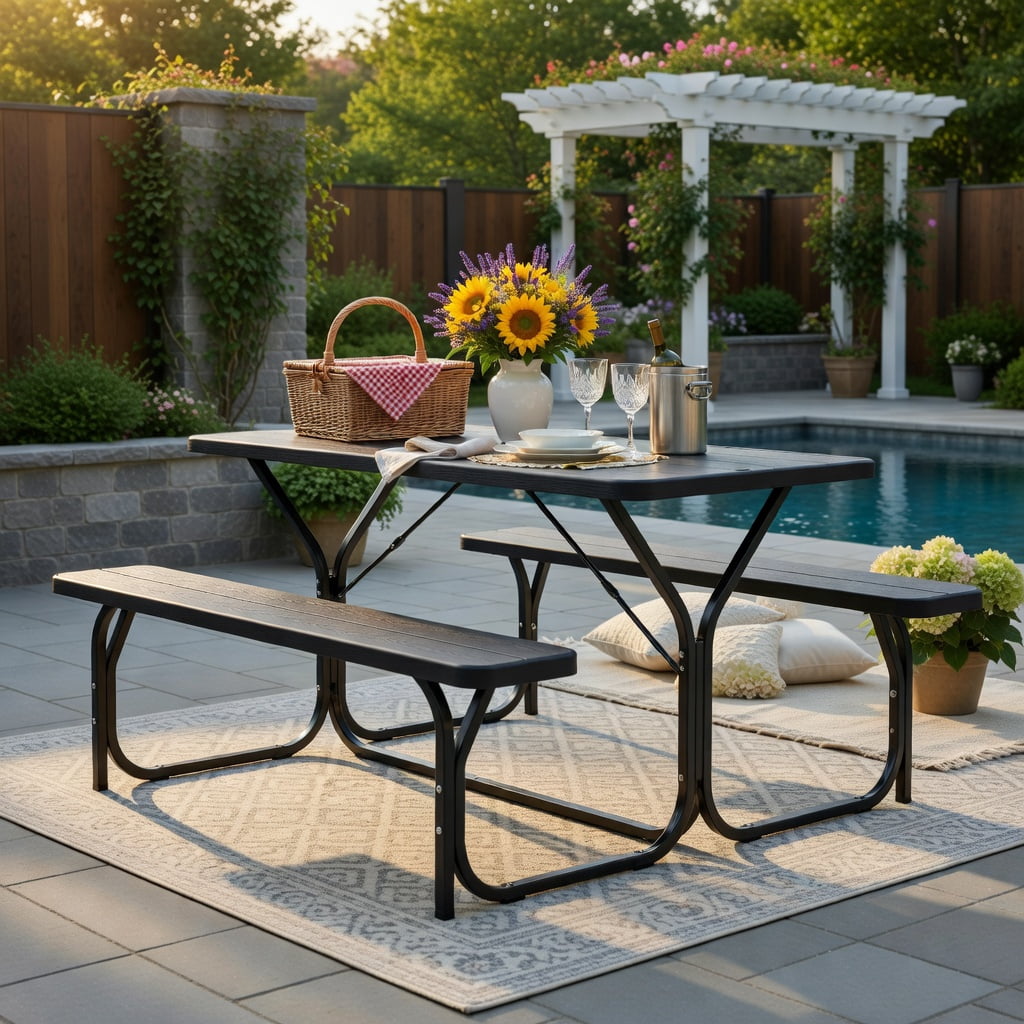 Hommoo Heavy-Duty HDPE Outdoor Picnic Table & Bench Set, Weather-Resistant, Stain-Proof, Black