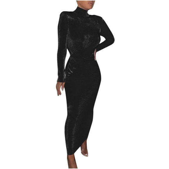 Formal Dresses for Women Tultleneck Long Sleeve Stretch Pleat Waist Maxi Dress Elegant Slim Fitted Work Cocktail Dresses Womens Clothes
