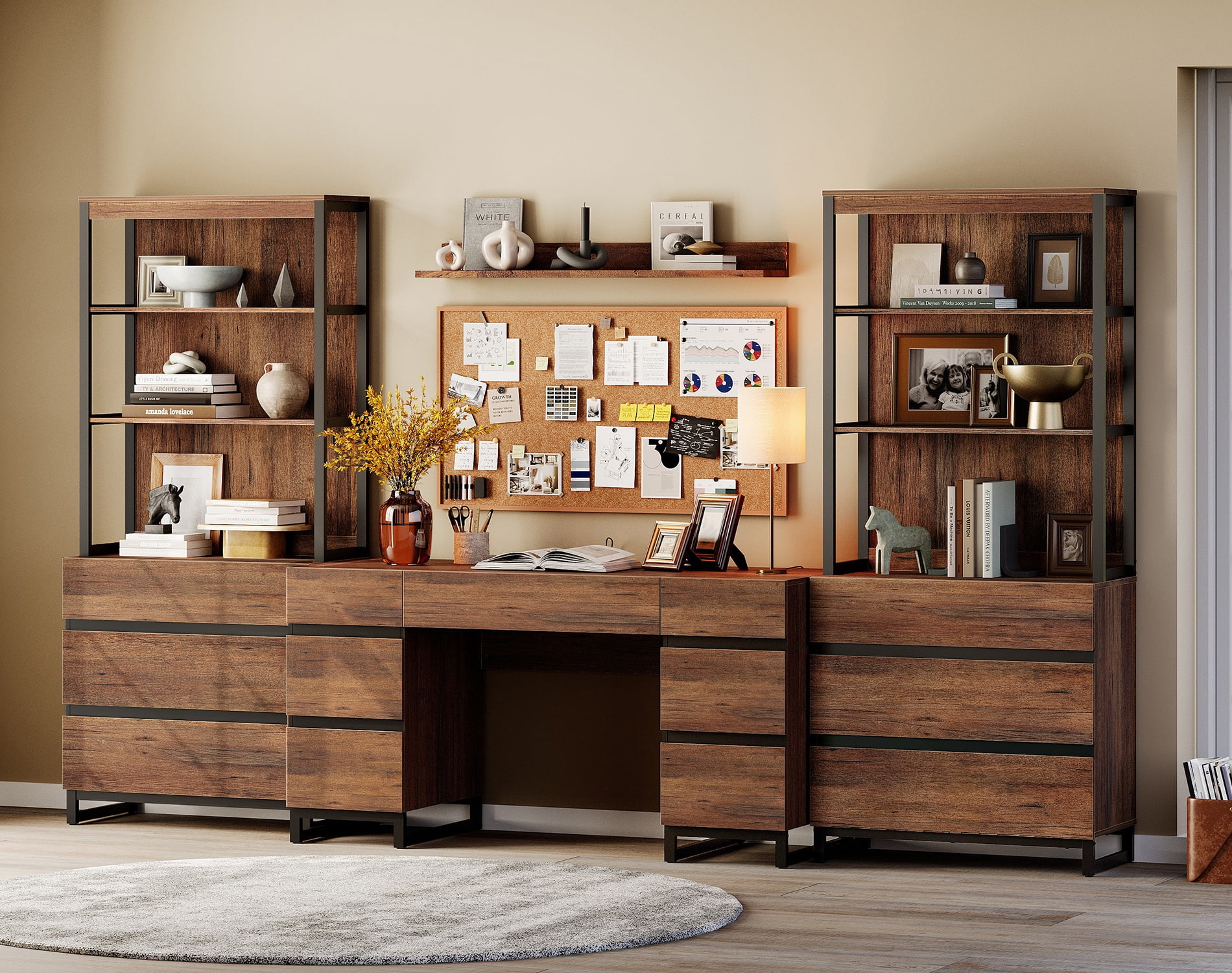 WAMPAT Home Office Furniture Set: 59in Modern Executive Desk with Charging Station and Drawers and 2 PCS 72in Tall Bookcases with 6 Drawers, Home Office Furniture for Living Room, Bedroom, Brown