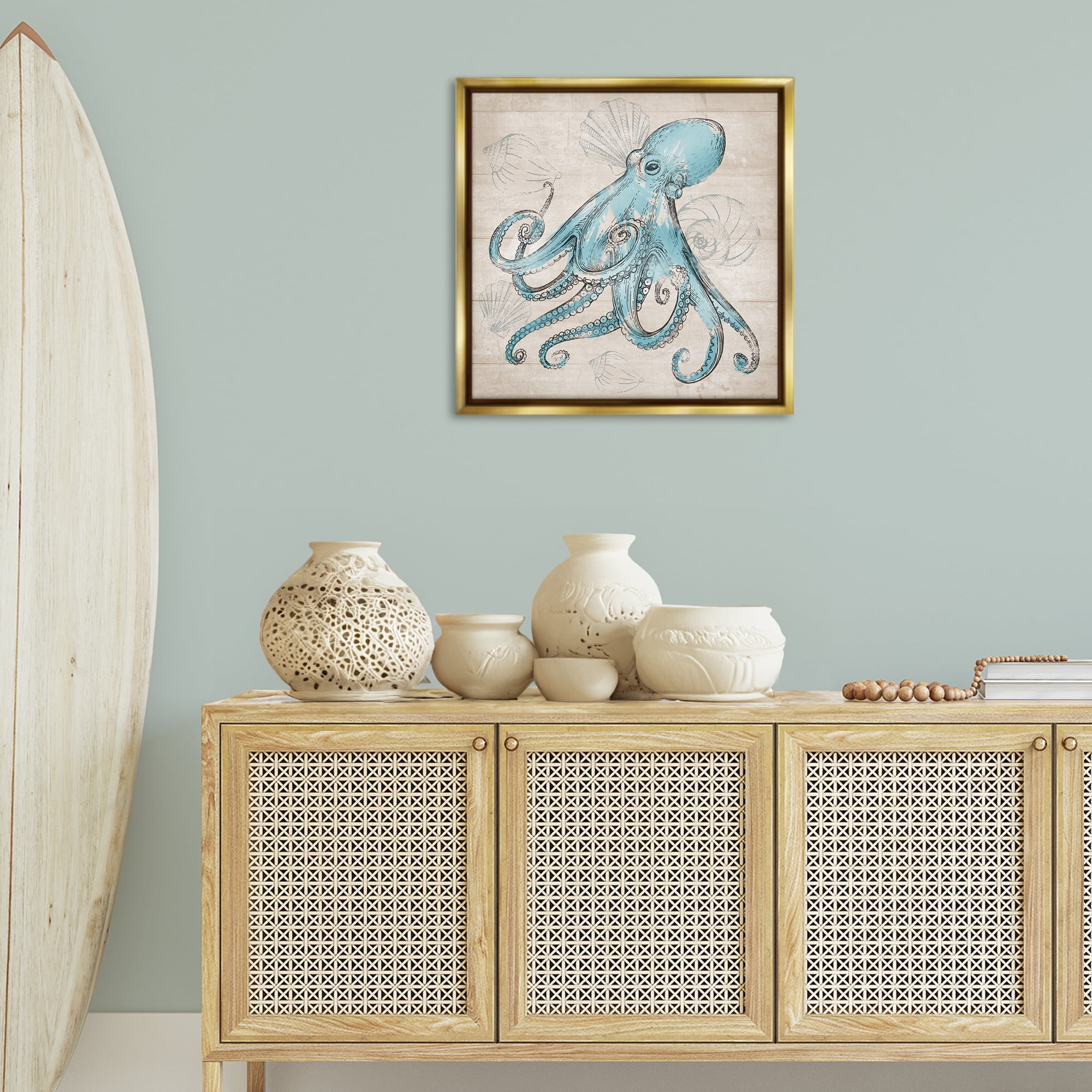 Stupell Industries Vintage Drawn Octopus Animals Painting Gold Floater Framed Canvas Art Print Wall Art, 25 x 25