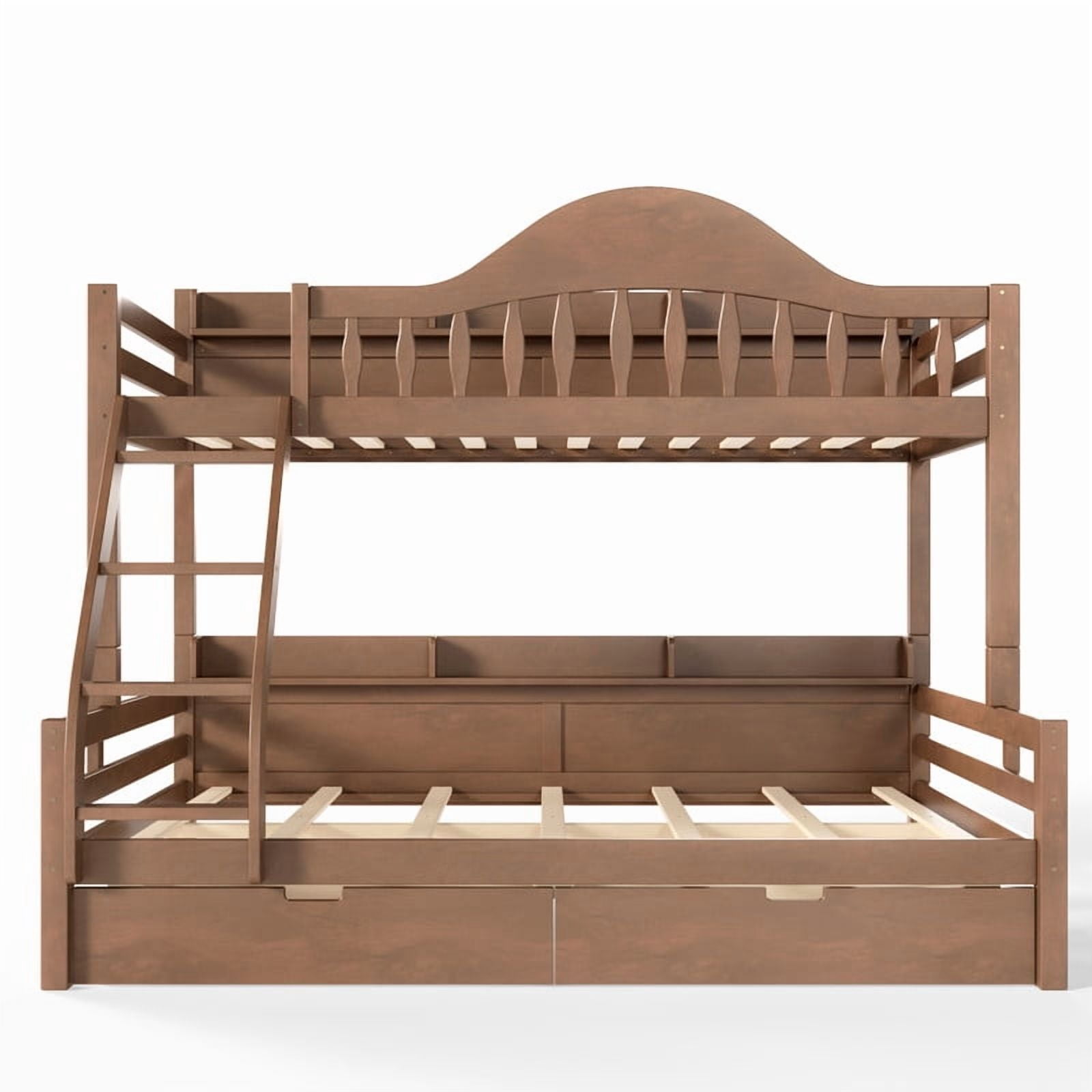 Twin Over Full Bunk Bed with 2 Storage Drawers, Solid Wood Kids Bunk Bed with Curved Guardrails, Side Storage Shelves and Ladder, No Box Spring Needed