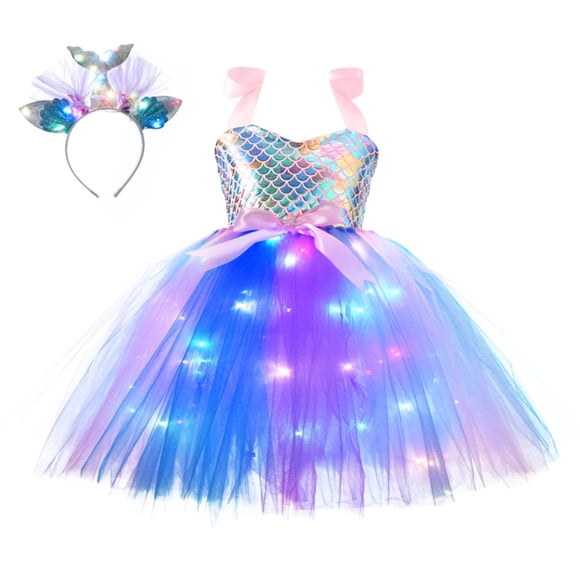 Girls Mermaid Costume LED Light Up Tutu Dress Up Birthday Gifts Princess Dress for Halloween Party 2-10Years