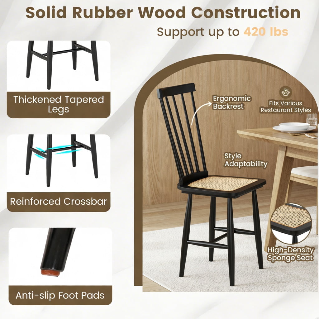 Farmhouse Dining Chairs Set of 2 – Solid Rubber Wood Frame with Woven PE Rattan Seat, Black & Natural Finish, Mid-Century Modern Style, 420 lb Capacity