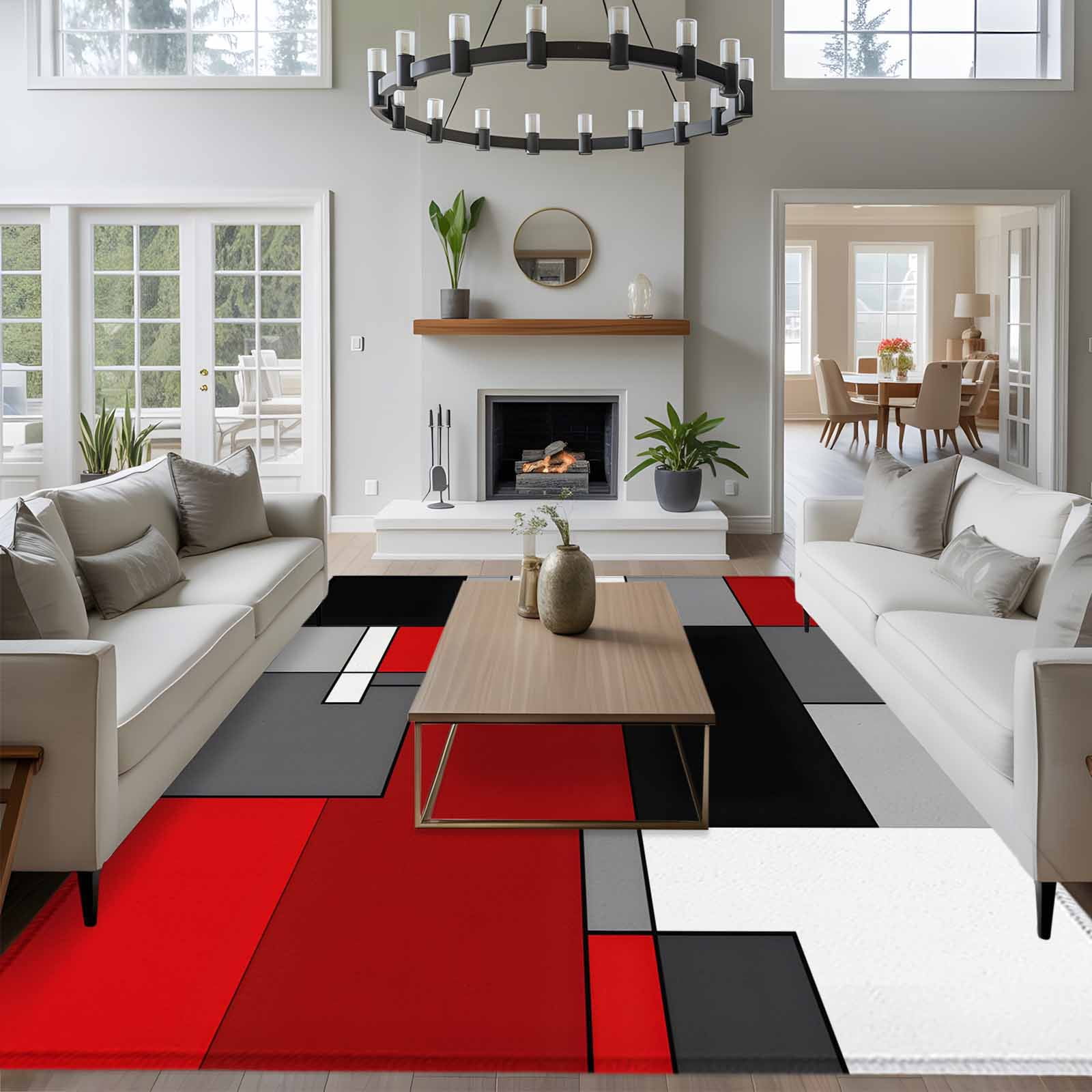 8'x10' Area Rugs, Red Black Grey Indoor Outdoor Area Rug for Living Room Bedroom, Geometric Abstract Modern Irregular Washable Bathroom Rugs Kitchen Floor Carpet Mats Home Decor Aesthetic
