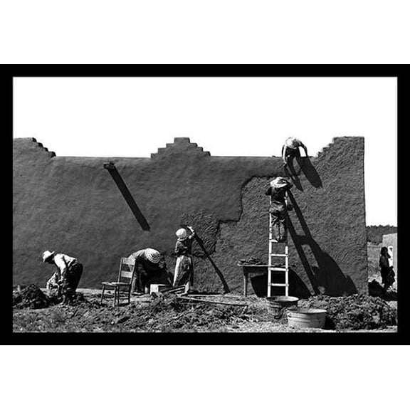 Spanish-American Women Replastering an Adobe House- Fine Art Canvas Print (20" x 30")