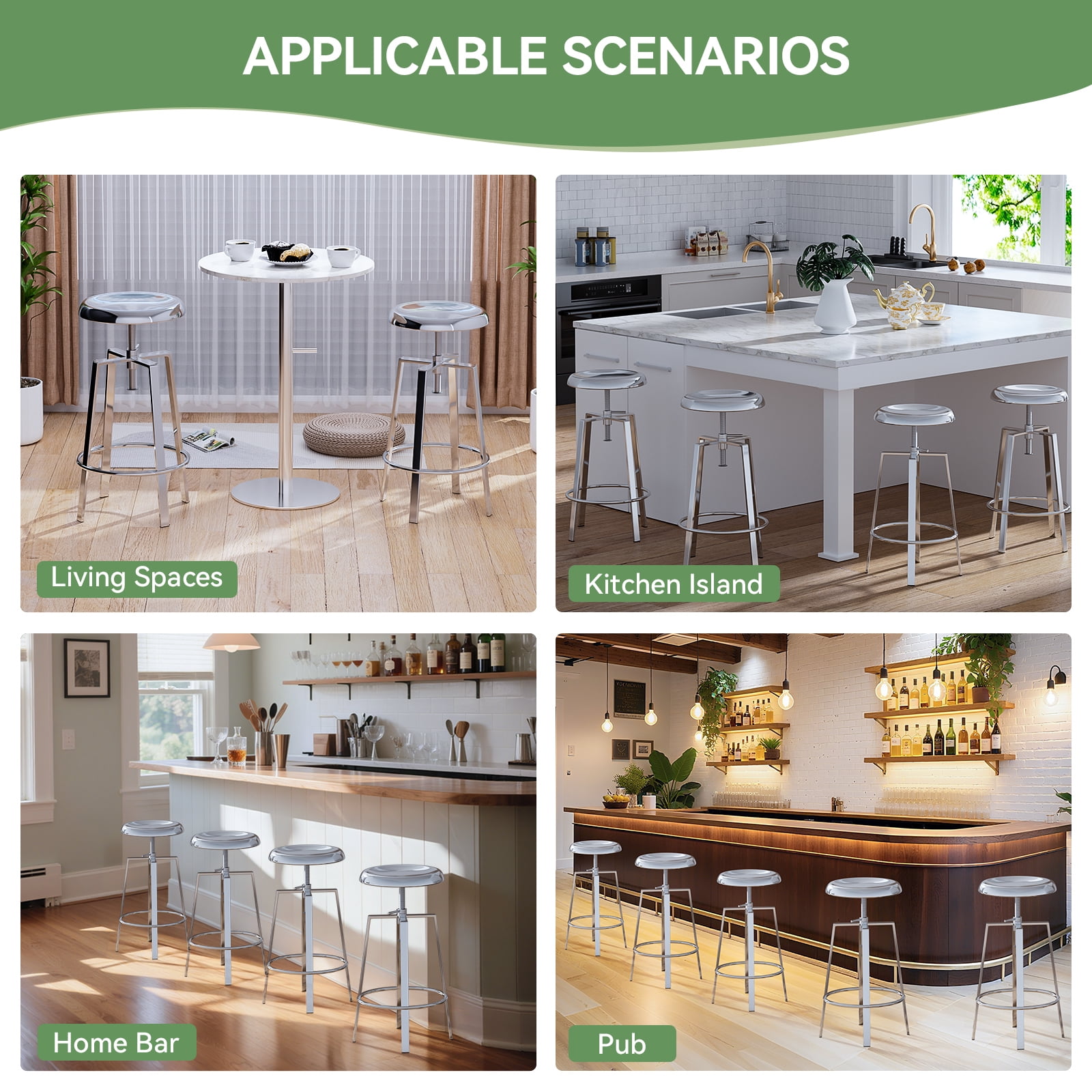 Industrial Bar Stools Set of 2, Metal Adjustable Swivel Four Legged Round Barstools, Atlas Backless Counter Height Bar Chairs for Kitchen Dining, Silver