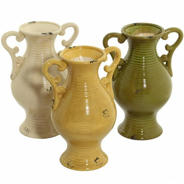 Benzara BM164623 Vase en Céramique de 18 x 10 x 27 Po avec Poignée - Blanc&44; Jaune & Vert