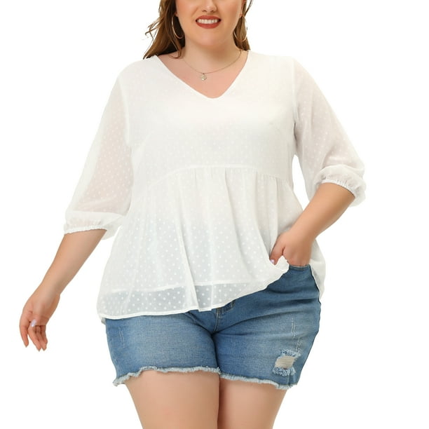 Plus Size Chiffon Tops for Women's Babydoll Long Sleeve Swiss Dots Blouses White 3X