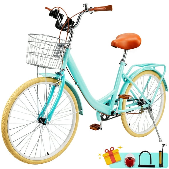 24 inch Commuter Bicycle for Adult Men and Women, Comfortable City Bikes with Rear Rack and Basket, Green