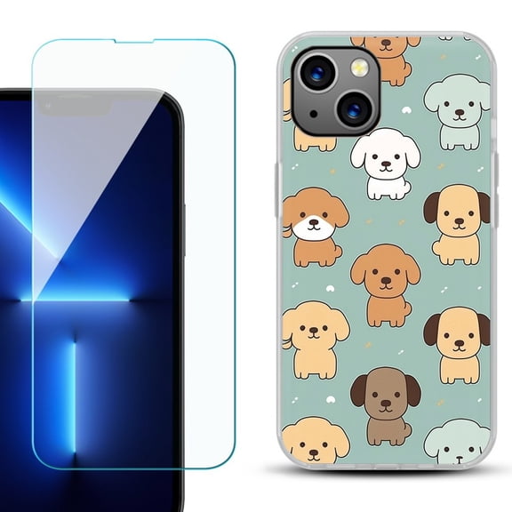 OneToughShield ® for iPhone 15 Plus Shockproof Phone Case, with Tempered Glass Screen Protector - Puppies