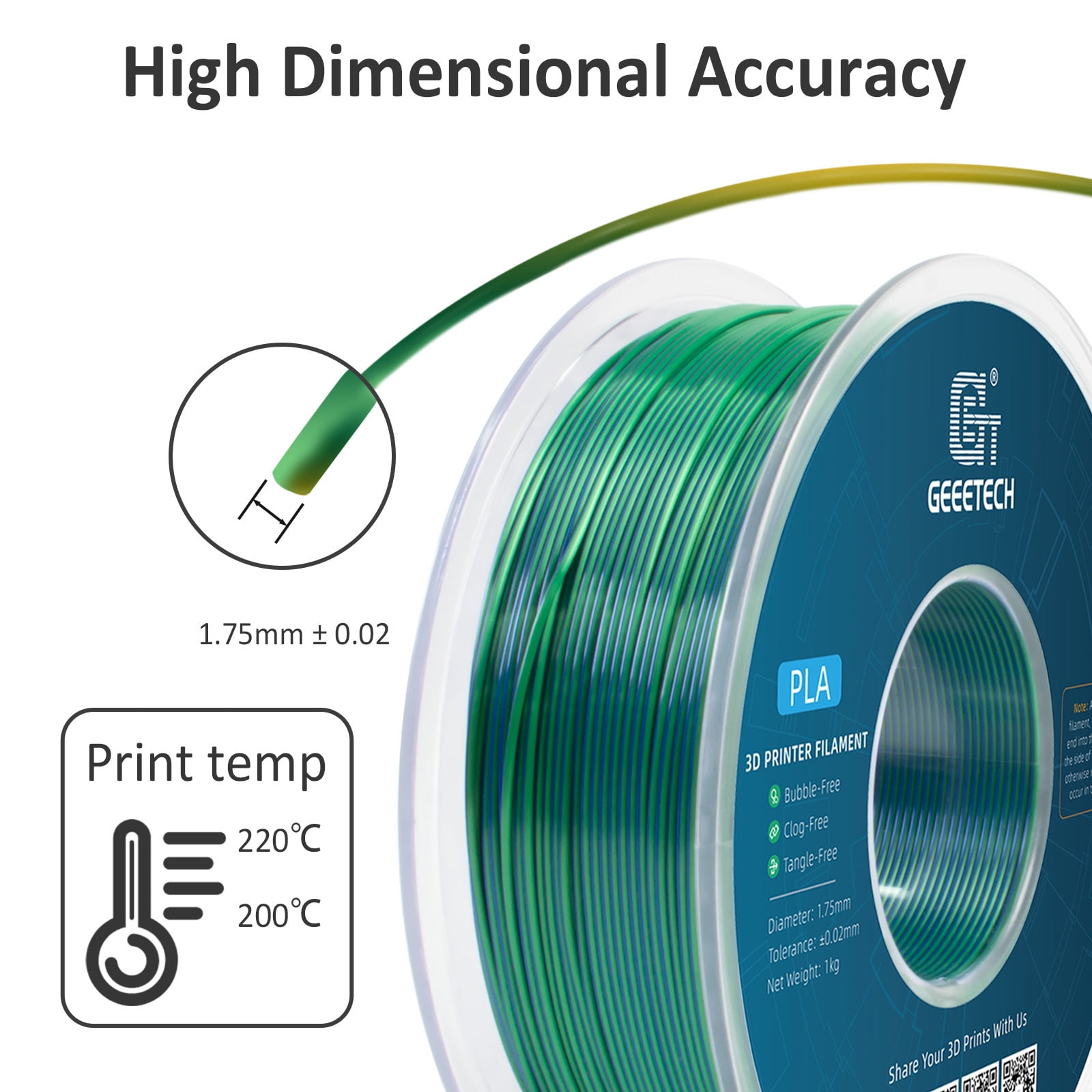 Geeetech 5pcs anti-pulling type 3D Printer PLA Filament 5KG（11ibs） Toughness Enhanced Filament with 1.75mm Dimensional Accuracy +/-0.03mm, Vacuum Packaging Two-tone blue and green