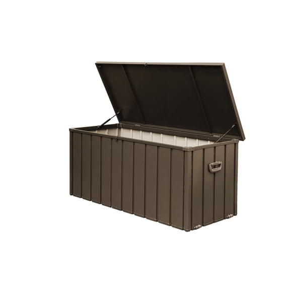 Kaimei 160 Gallon Deck Box, Spacious Outdoor Storage Container for Patio Cushions, & Tools - Waterproof Steel Storage Chest with Hydraulic Lid & Locking Mechanism - Dark Brown