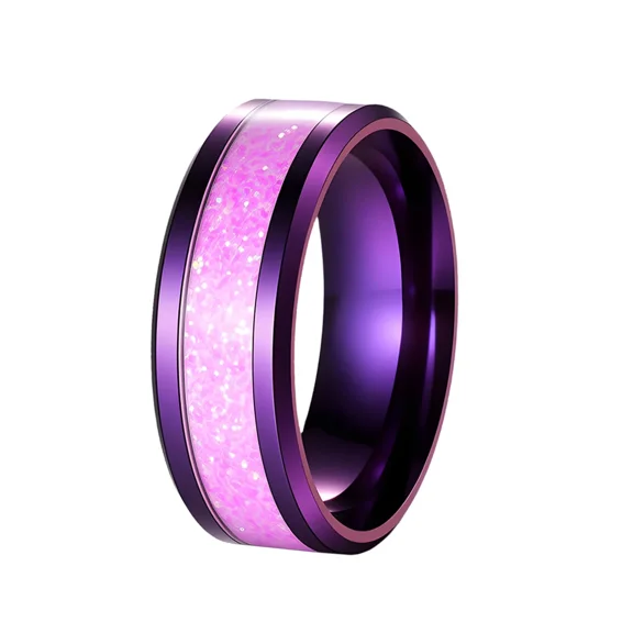 PAMTIER Mens Womens Stainless Steel Ring Deep Purple Band with Hidden Sparkle Core Glitter Particle Inlay Jewelry Size 10