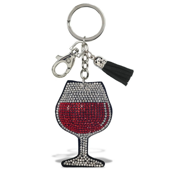 Aqua79 Wine Glass Keychain - Silver and Red Sparkling Rhinestones Charm with Tassel, Fashionable Stylish Polyester PU Key Ring Bling Jewelry Accessory with Clasp For Key Chain, Bag, Purse & Backpack