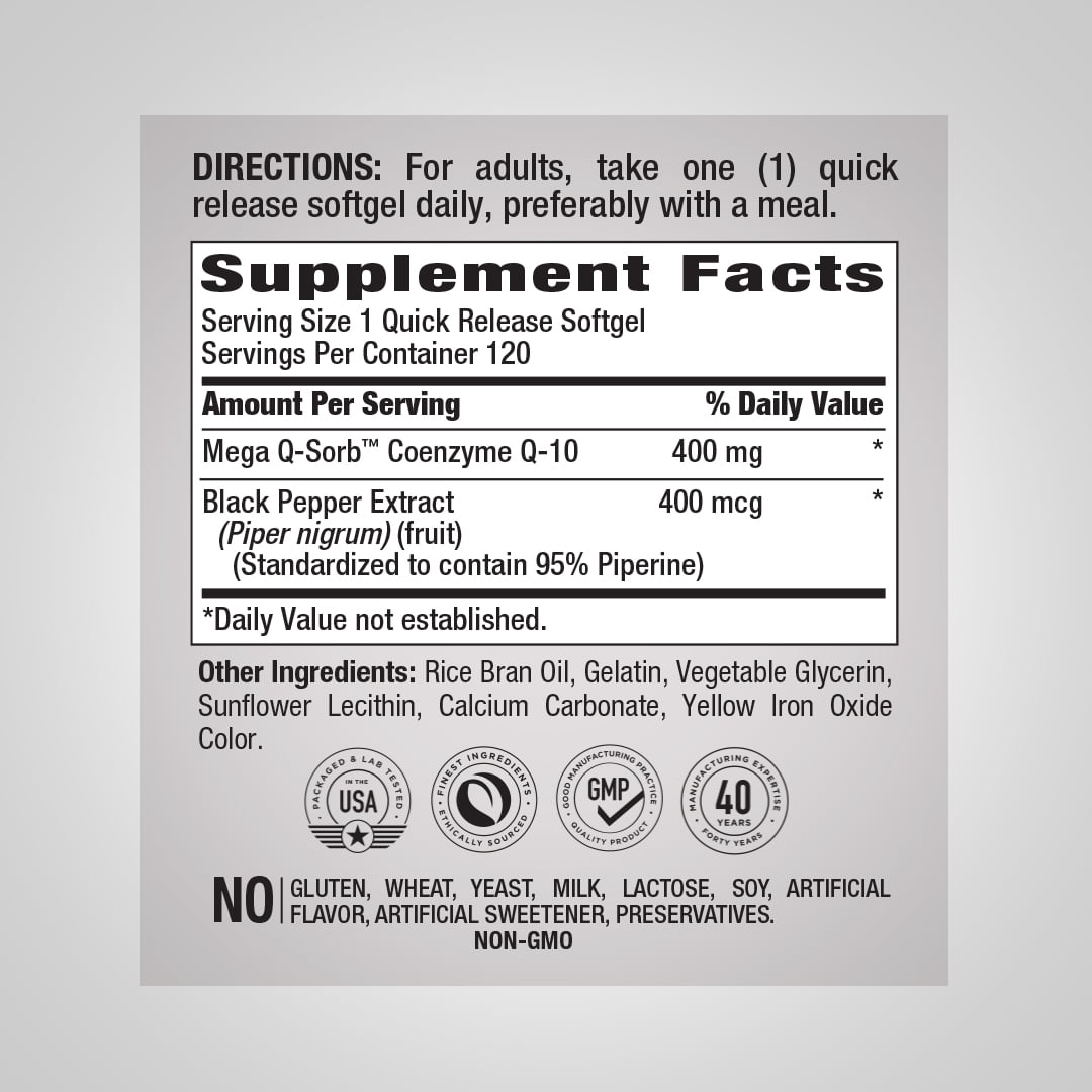 CoQ10 400 mg | 120 Softgels | with Black Pepper | by Piping Rock