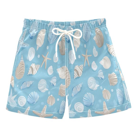 Kids' Soft & Stylish Beach Shorts 100% Quick-Dry Polyester Boys' Swim Board Shorts Light Blue Seashells and Starfish Swim Trunks