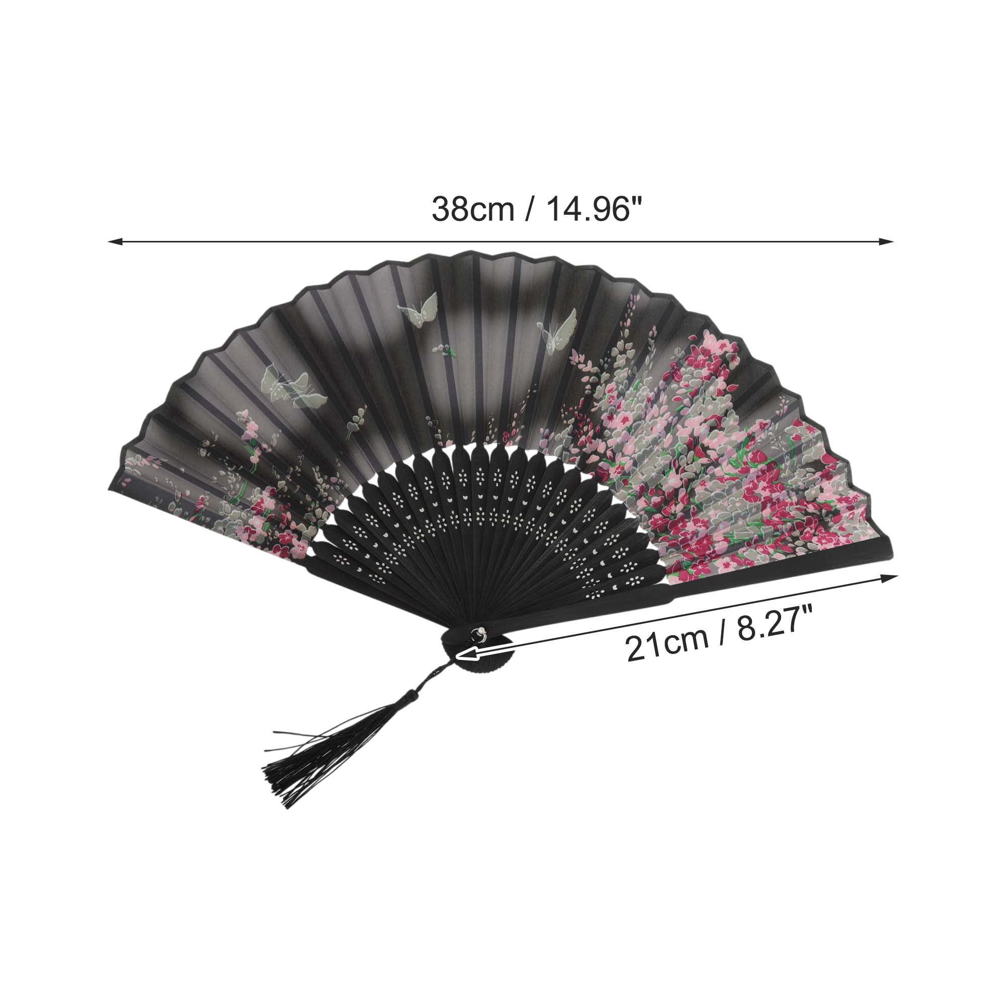Unique Bargains Ancient Style Folding Fan Gray Black Dreamy Cherry Blossoms Butterflies