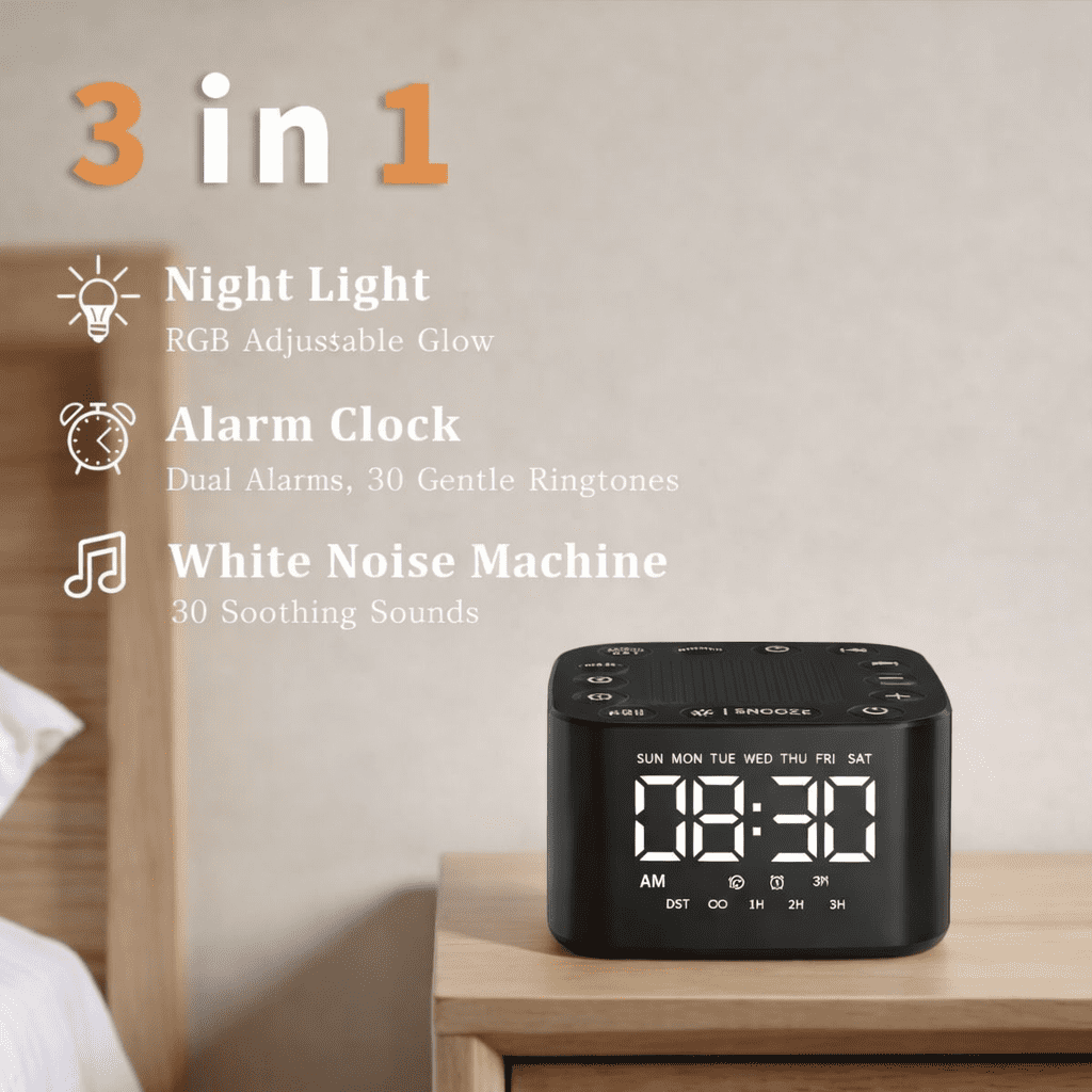 TOYOOSKY Alarm Clock Sound Machine 30 Relaxing Sounds 8 Color Options Dimmable Noise Machines with Dual Alarms Perfect for Kids Adults