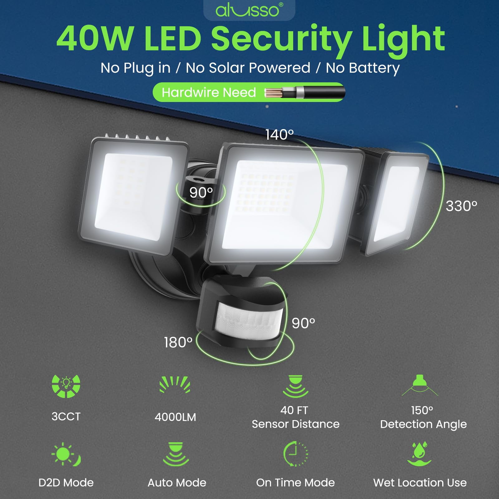 ALUSSO 40W LED Flood Light with 3 Modes Outdoor, 3CCT 4000lm Motion Sensor Security Lights IP65 Waterproof for House Garage Yard Walkway