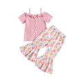 thumbnail image 2 of Aojekbee Kids Girl Summer Outfits Cold Shoulder Short Sleeves Button T-Shirt and Elastic Floral Flare Pants Cute 2 Piece Clothes, 2 of 10