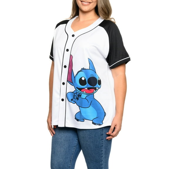 Disney Stitch Baseball Jersey Button Down Shirt White Women's Plus Size