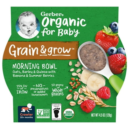 (Pack of 8) Gerber Organic Grain &amp; Grow Morning Bowl, Oats, Barley and Red Quinoa with Banana &amp; Summer Berries, 4.5 oz Tray