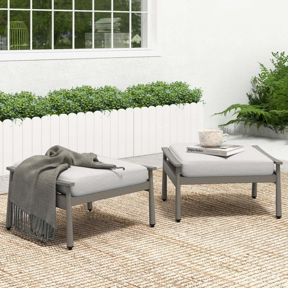 HAPPATIO 2 Pieces Assembled Patio Ottomans, Outdoor Ottoman Footrest with Aluminum Frame and Removable Thick Cushions, Multifunctional Metal Footrest Seat for Deck, Lawn, Yard, Grey