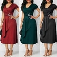 thumbnail image 4 of Vestido de fiesta midi ajustado con cintura asimétrica y escote en V y manga corta para mujer de talla grande, 4 of 5