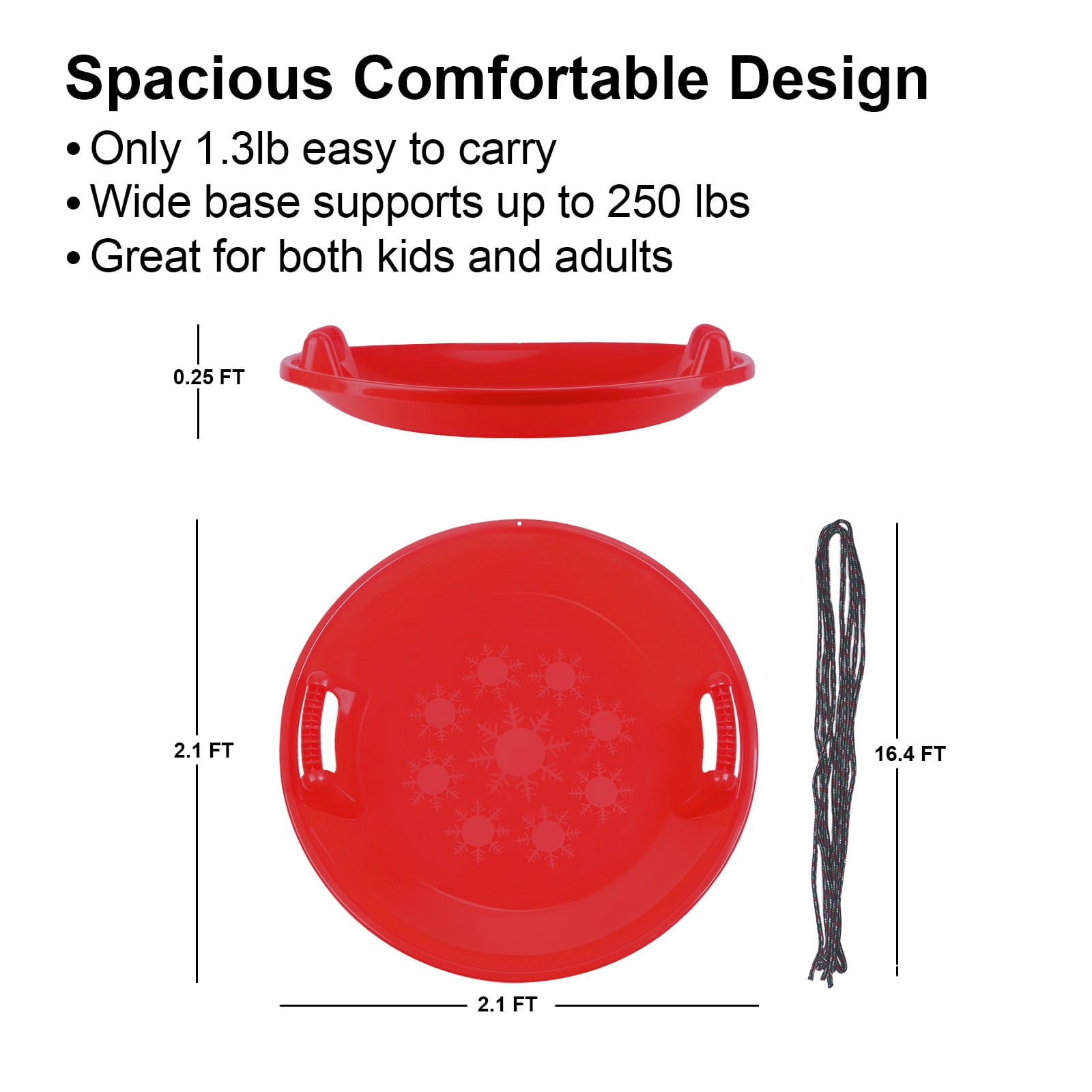 Gamexcel 25-Inch Round Downhill Sprinter Toboggan Snow Sled for Kids, Boys, Girls, and Adults, Featuring Built-in Handles and Pulling Rope - Red