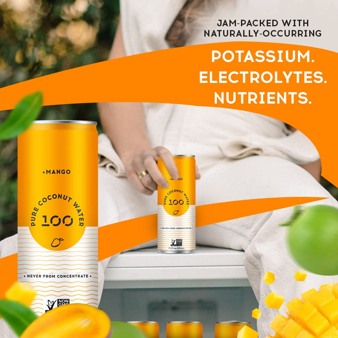 100 Coconuts Pure Coconut Water + Mango, Hydration, 11 fl oz Cans, 12 Pack, Liquids