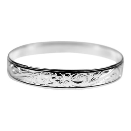 Sterling Silver 10mm Hawaiian Plumeria Engraved Double Line Bangle Bracelet 7 Inches Sterling Silver 10mm Hawaiian Plumeria Engraved Double Line Bangle Bracelet 7 Inches